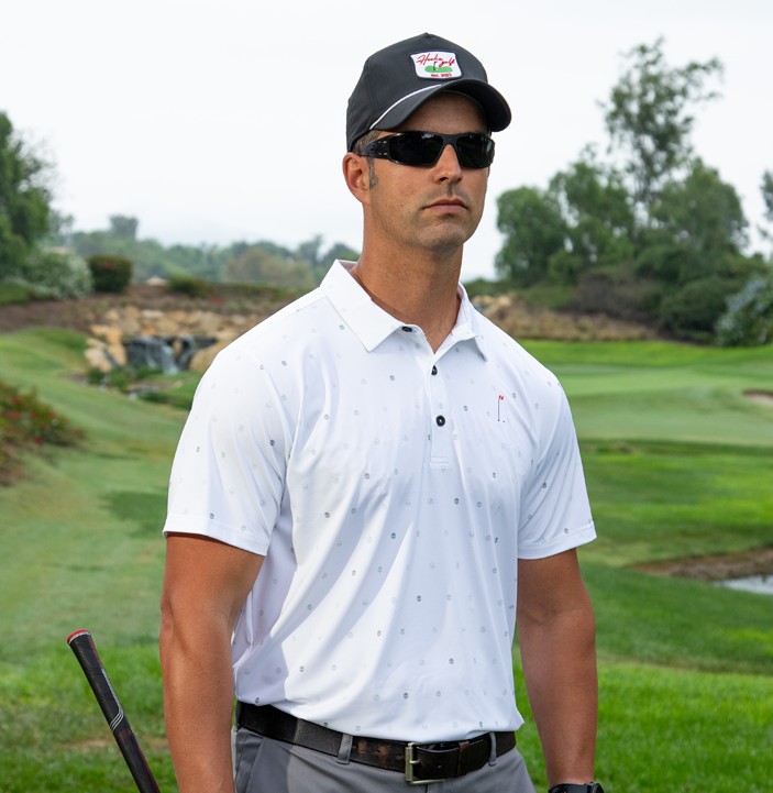 White Skulls Men's Golf Polo with Hoolie skull and flag badge design