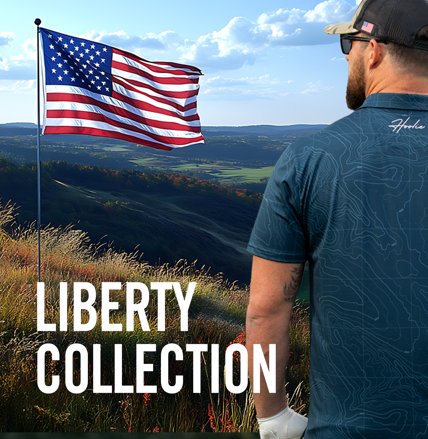 Liberty Collection golf apparel featuring men’s golf polos, hats, and t-shirts in red, white, and blue patriotic designs.