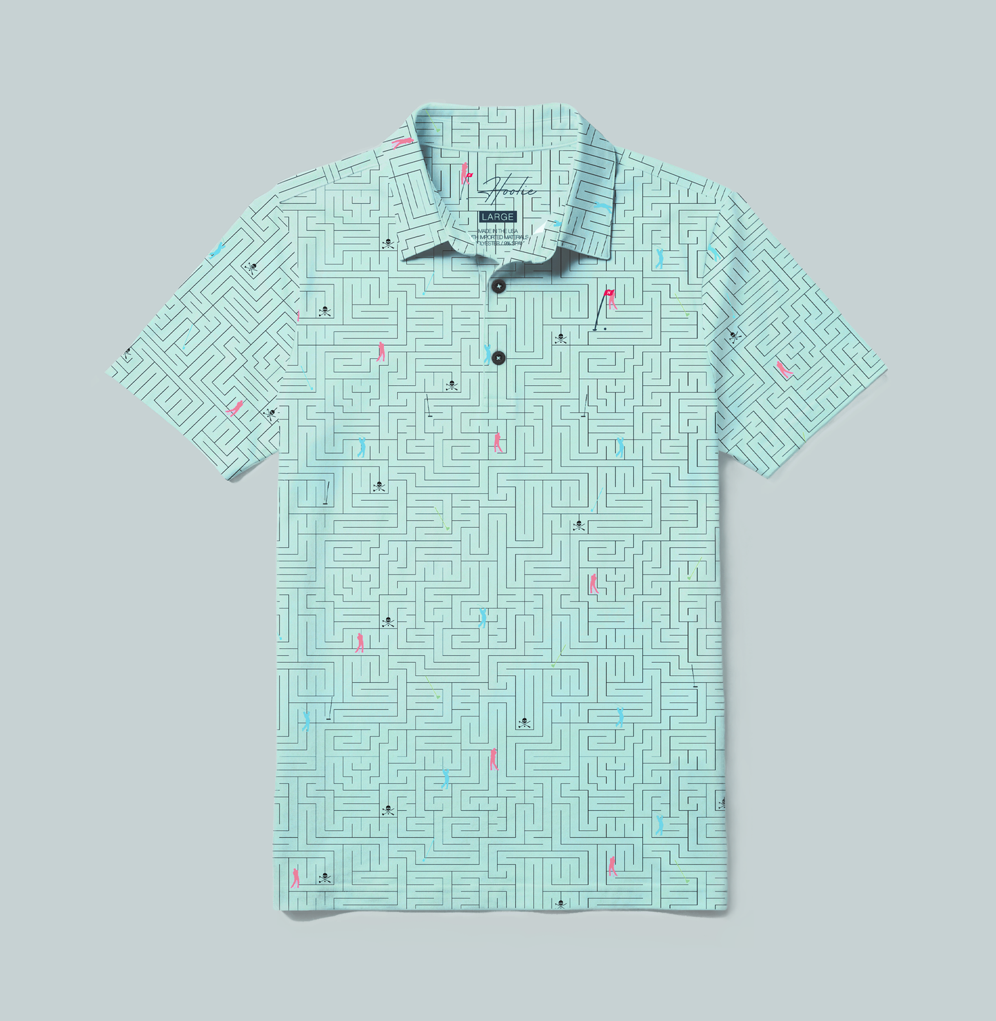Maze Men's Golf Polo in Aqua with maze pattern and golfer silhouettes