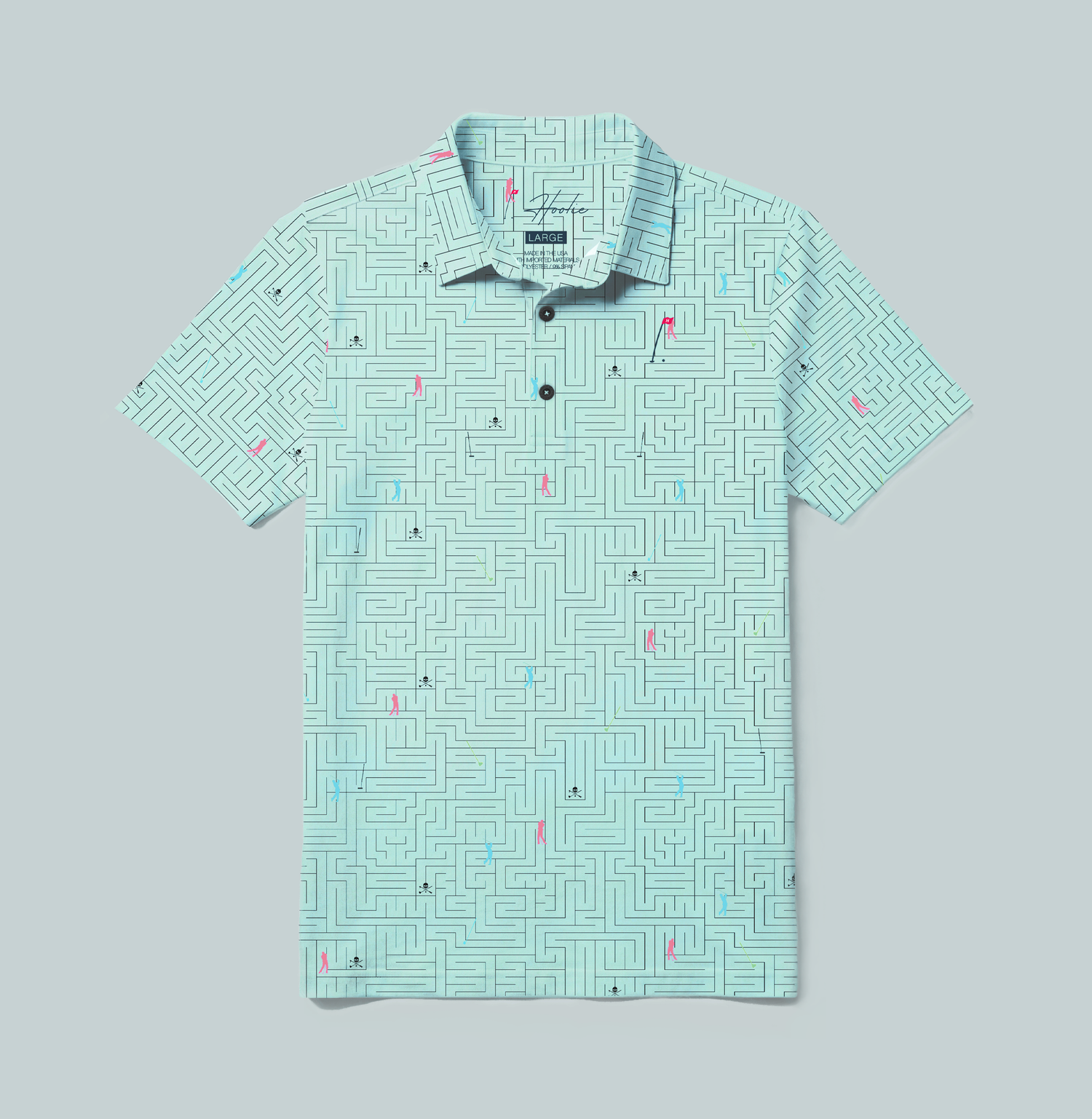 Maze Men's Golf Polo in Aqua with maze pattern and golfer silhouettes