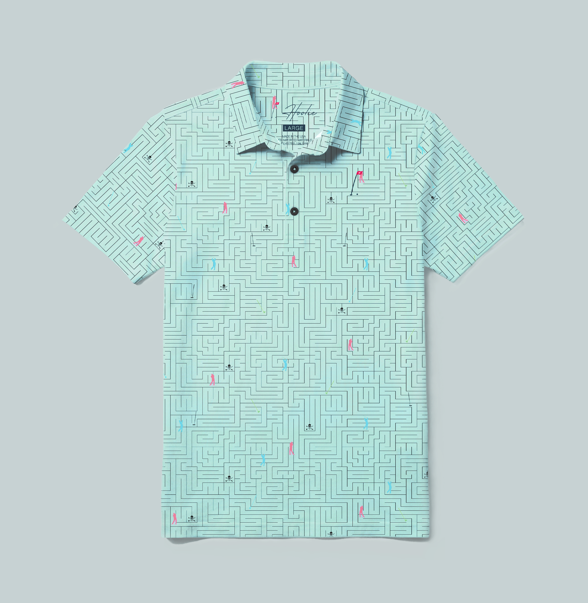 Maze Men's Golf Polo in Aqua with maze pattern and golfer silhouettes
