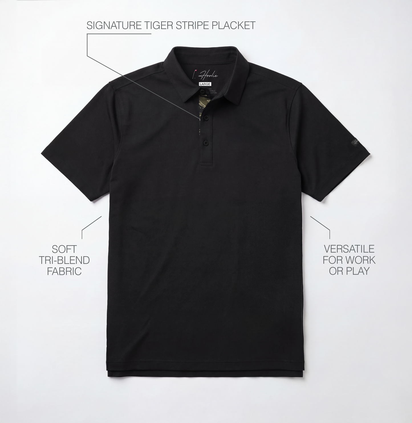 Black Classic Men's Golf polo with text highlighting features on a light gray background
