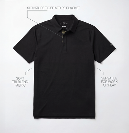Black Classic Men's Golf polo with text highlighting features on a light gray background