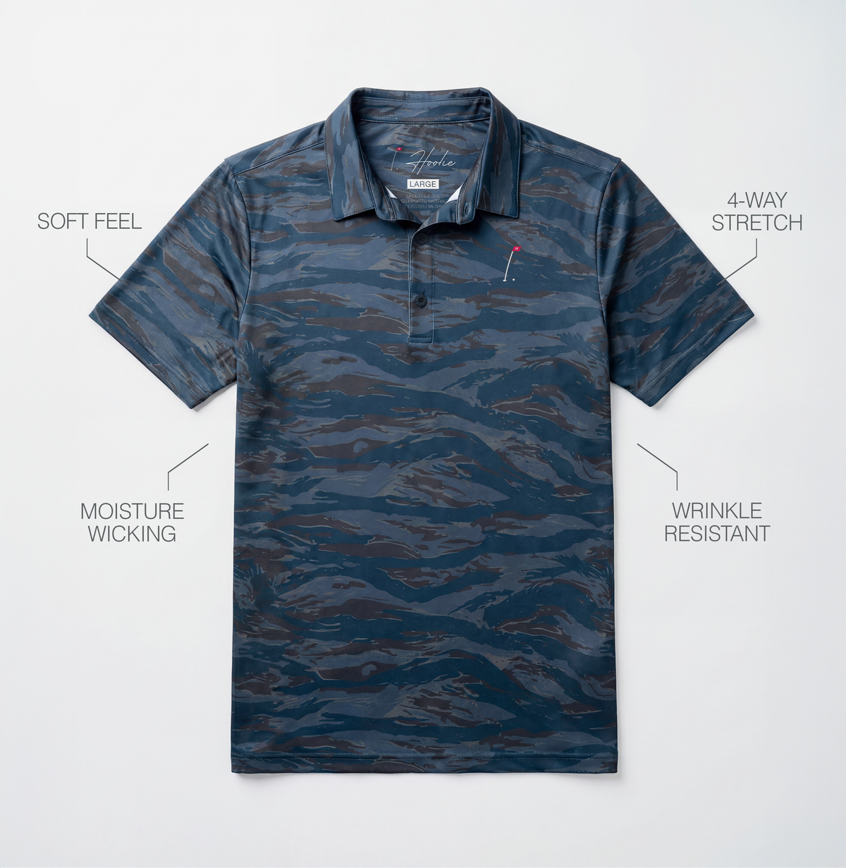 Performance Men's Golf Polo in Hoolie Blue Tiger Stripe camouflage laying on a table with callout features