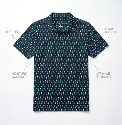 Bout to Rock Men's Golf Polo laying on a White surface with performance feature descriptions