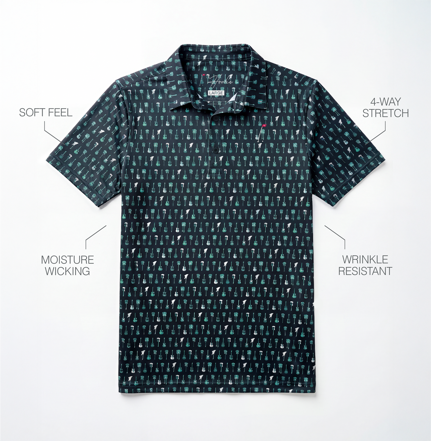 Bout to Rock Men's Golf Polo laying on a White surface with performance feature descriptions