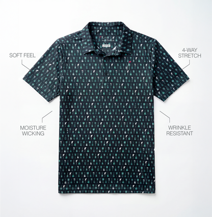 Bout to Rock Men's Golf Polo laying on a White surface with performance feature descriptions