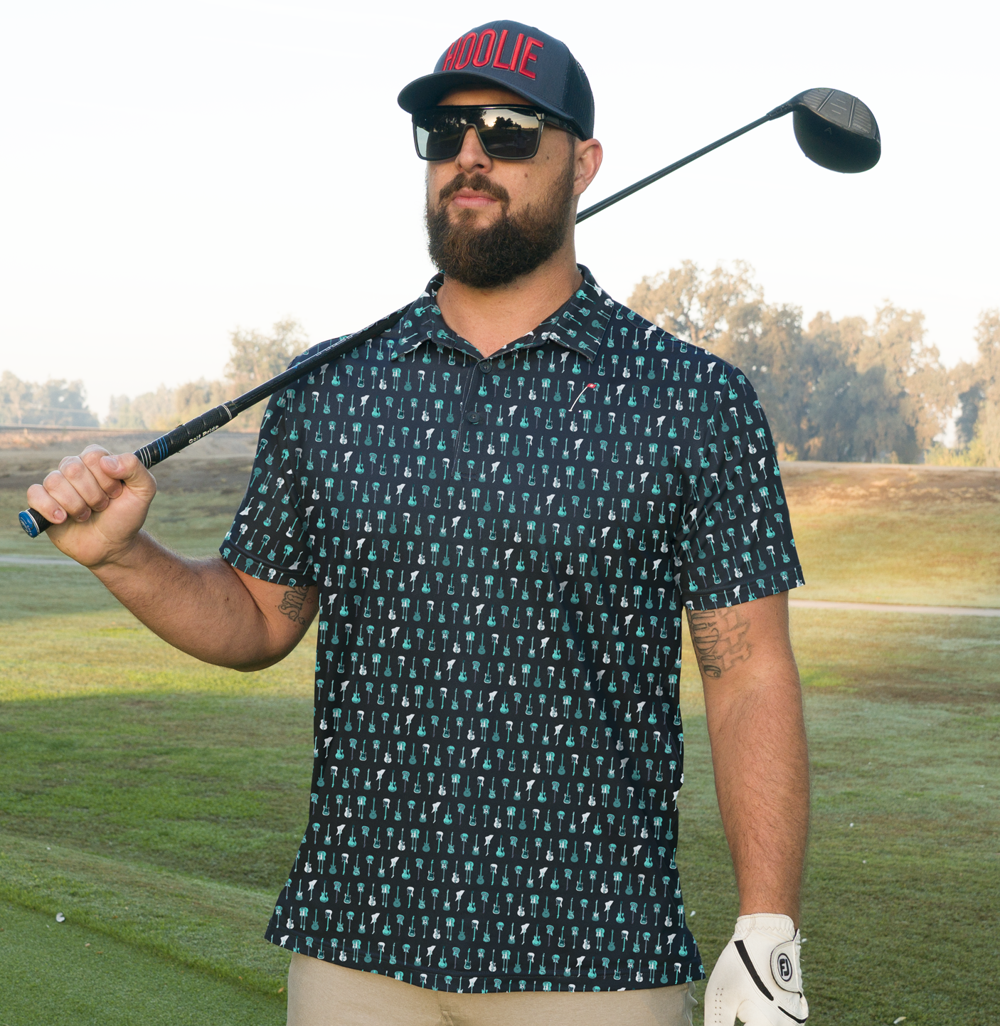 Men's Bout to Rock Golf Polo in Hoolie Blue with guitar print