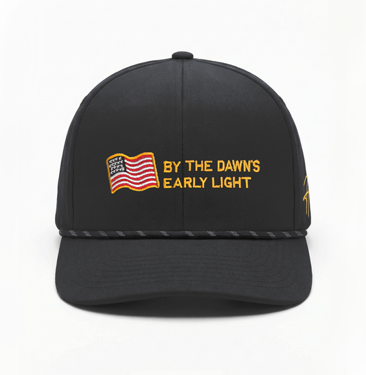 Black Adjustable Hat with Rope Feature on Brim and Embroidered American Flag and Star Spangled Text on Front