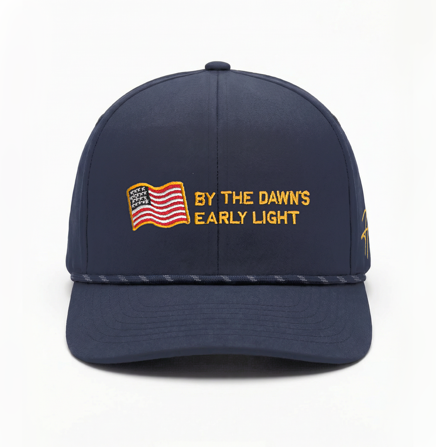 Navy Blue Adjustable Hat with Rope Feature on Brim and Embroidered American Flag and Star Spangled Text on Front