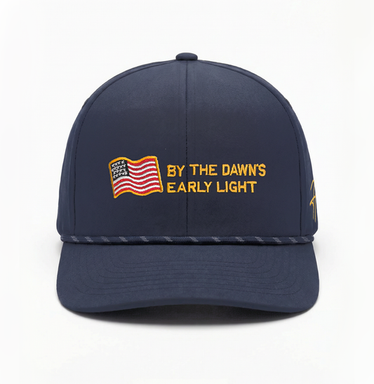 Navy Blue Adjustable Hat with Rope Feature on Brim and Embroidered American Flag and Star Spangled Text on Front