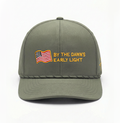 Olive Adjustable Hat with Rope Feature on Brim and Embroidered American Flag and Star Spangled Text on Front