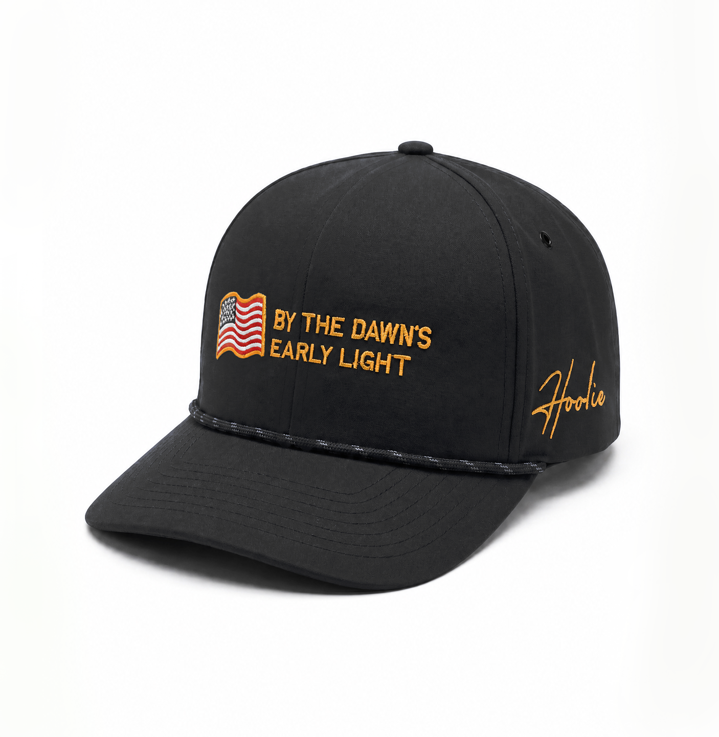 Quarter turn view of Black Adjustable Hat with Rope Feature on Brim and Embroidered American Flag and Star Spangled Text on Front