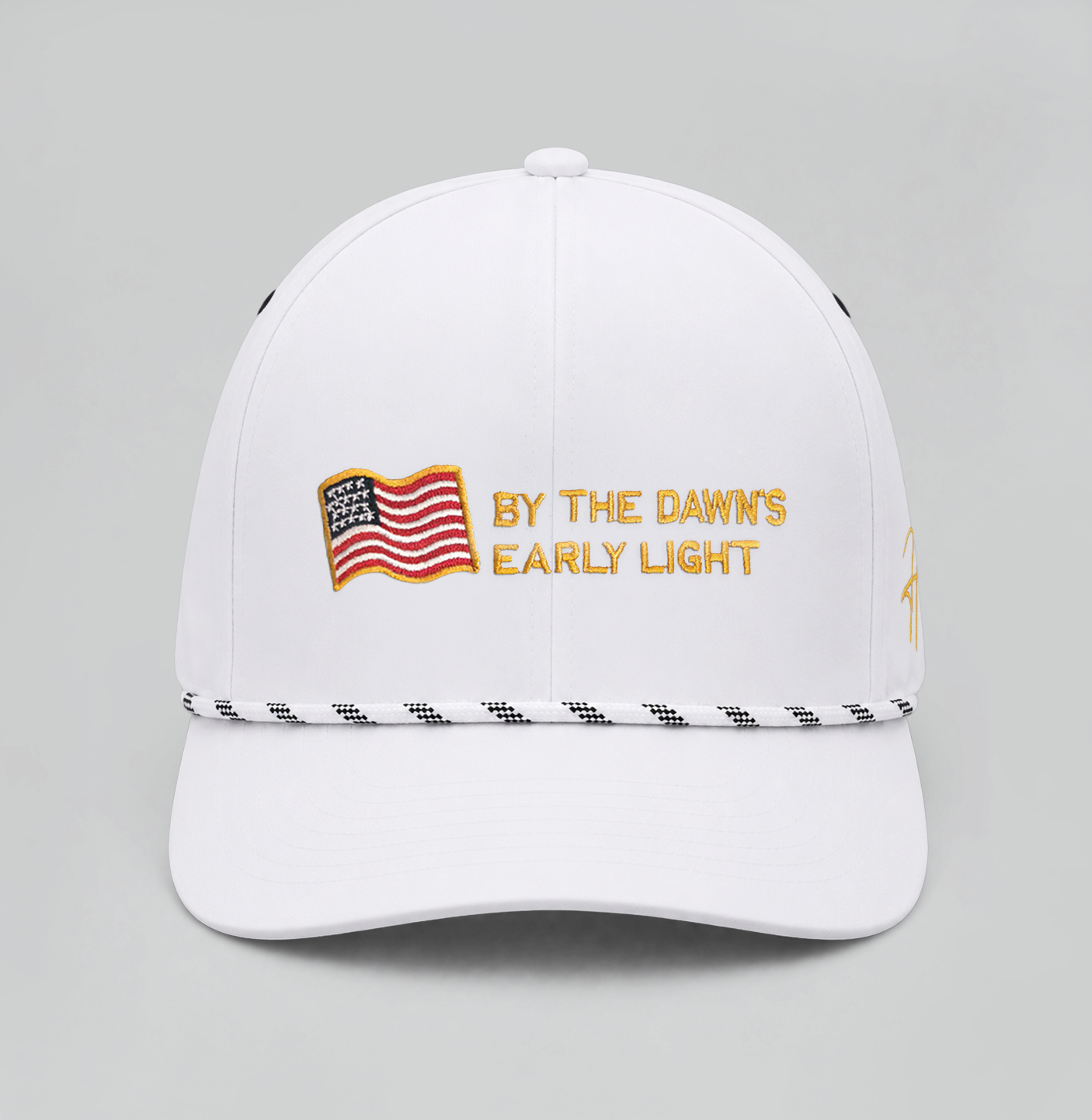 White Adjustable Hat with Rope Feature on Brim and Embroidered American Flag and Star Spangled Text on Front