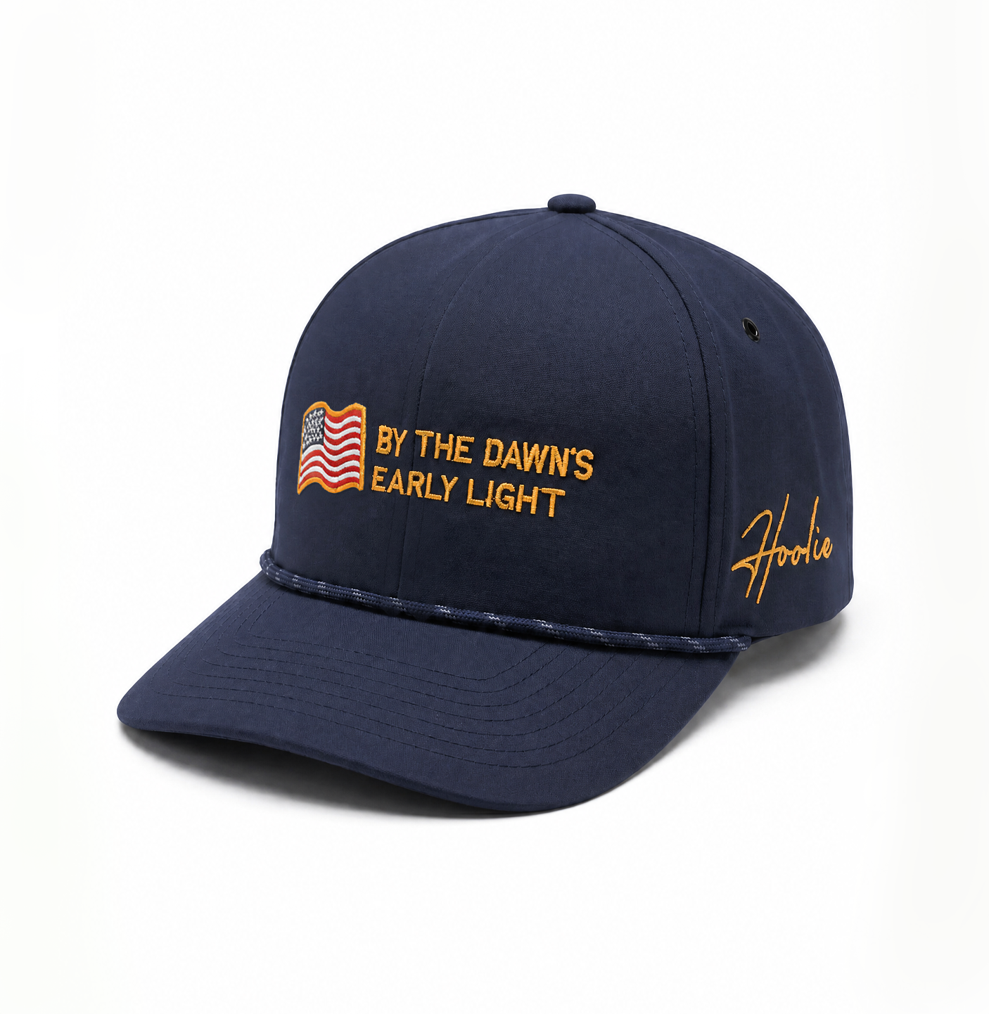Quarter turn view of Navy Blue Adjustable Hat with Rope Feature on Brim and Embroidered American Flag and Star Spangled Text on Front