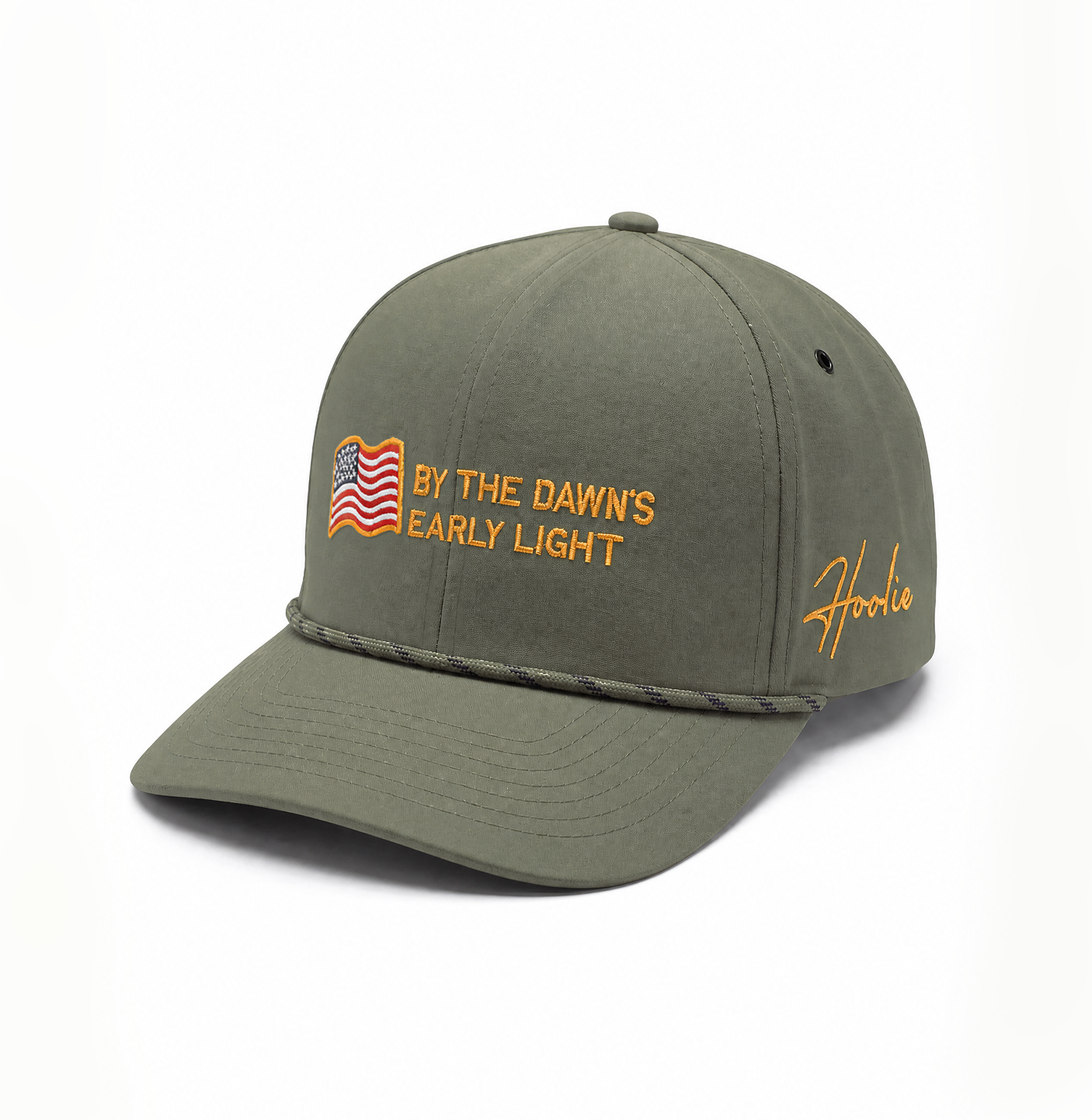 Quarter turn view of Olive Adjustable Hat with Rope Feature on Brim and Embroidered American Flag and Star Spangled Text on Front