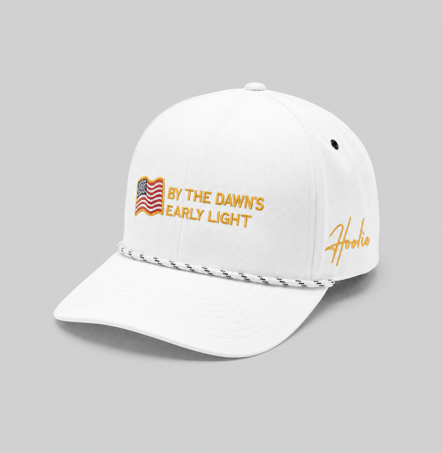 Quarter turn view of White Adjustable Hat with Rope Feature on Brim and Embroidered American Flag and Star Spangled Text on Front