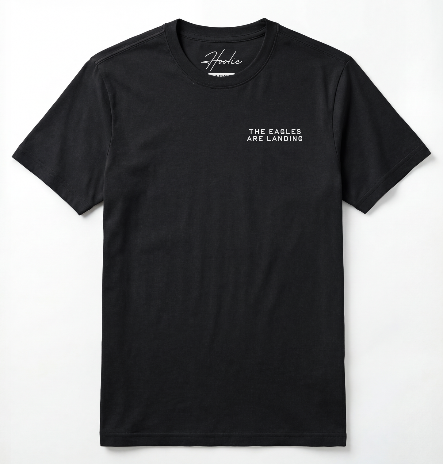 Front of Black T-shirt with phrase that says The Eagles Are Landing.