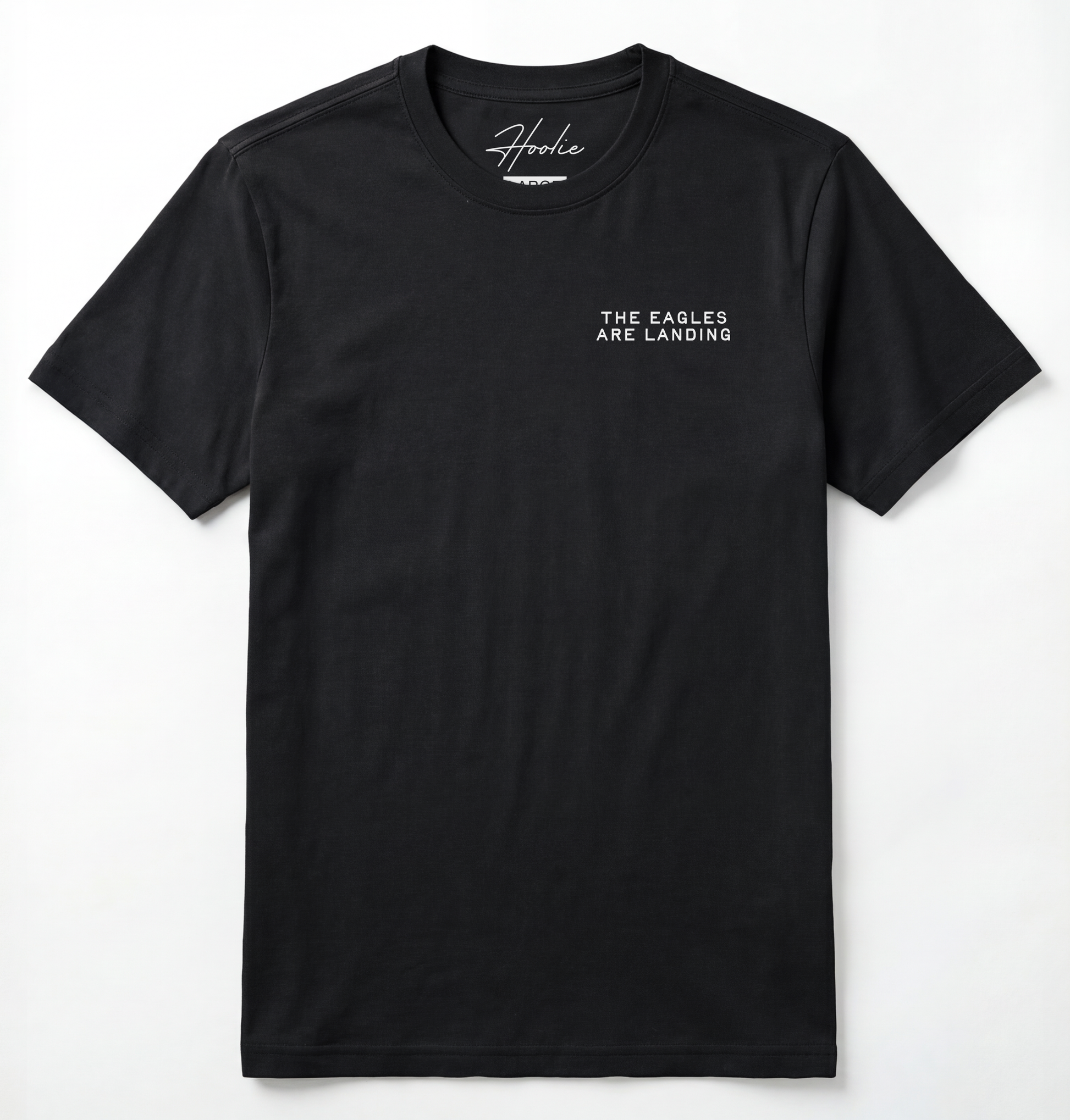 Front of Black T-shirt with phrase that says The Eagles Are Landing.