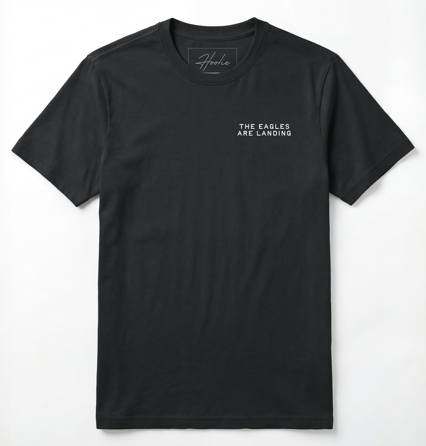 Front of Black T-shirt with phrase that says The Eagles Are Landing.