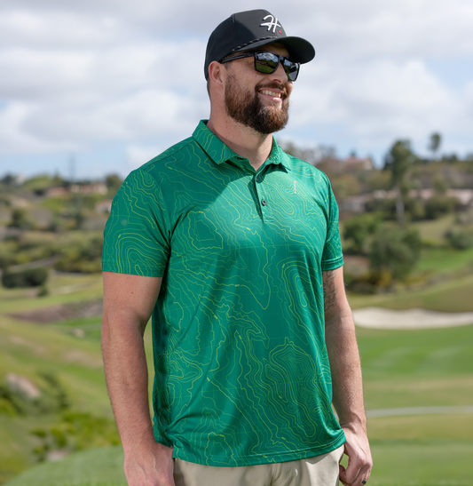 Recce Men's Golf Polo in Garden City Green with military-inspired map print.
