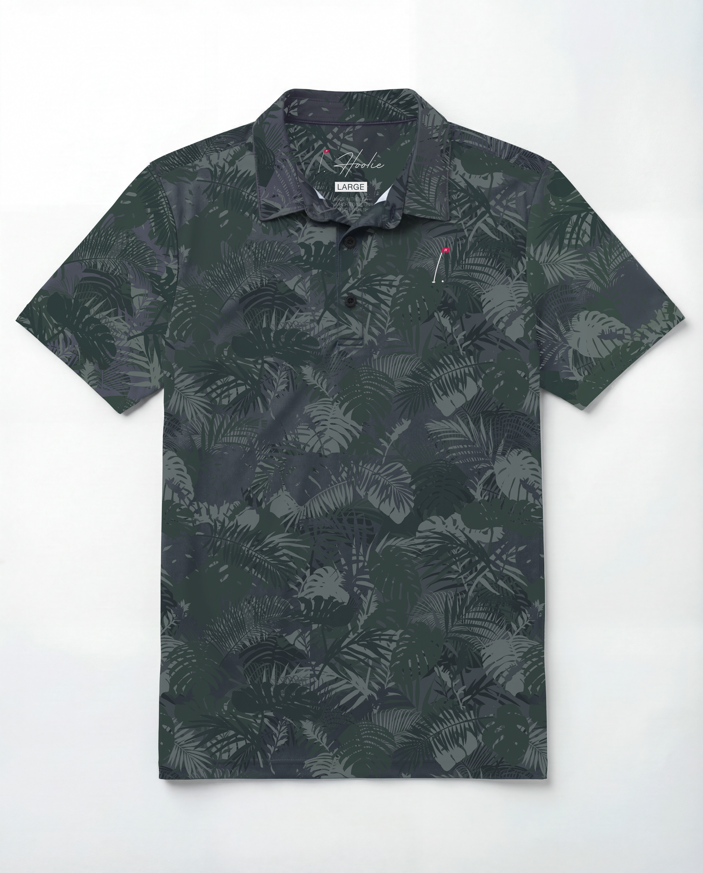 Men's Performance Golf Polo with Various Shades of Gray and Green Jungle Palm Fronds