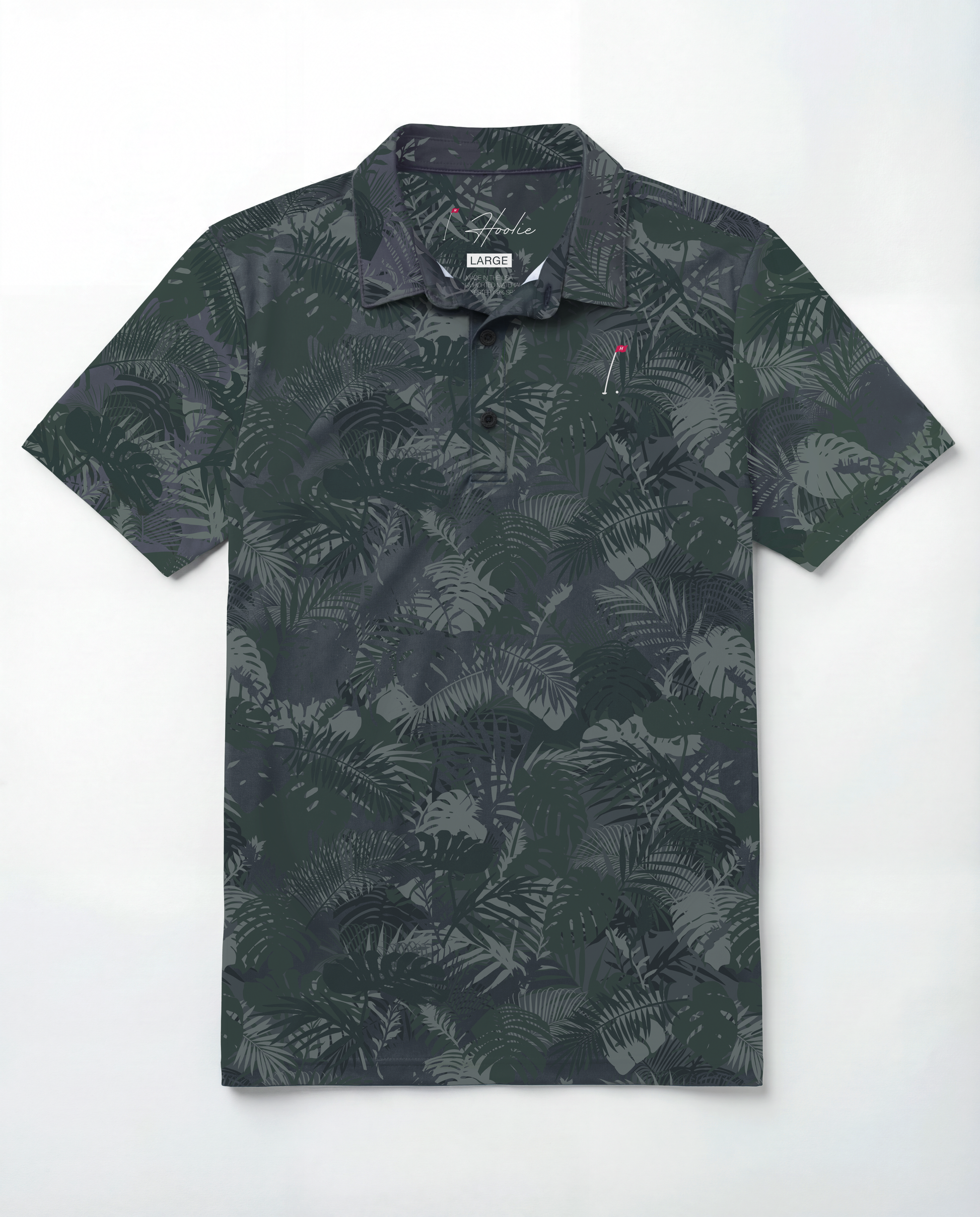 Men's Performance Golf Polo with Various Shades of Gray and Green Jungle Palm Fronds