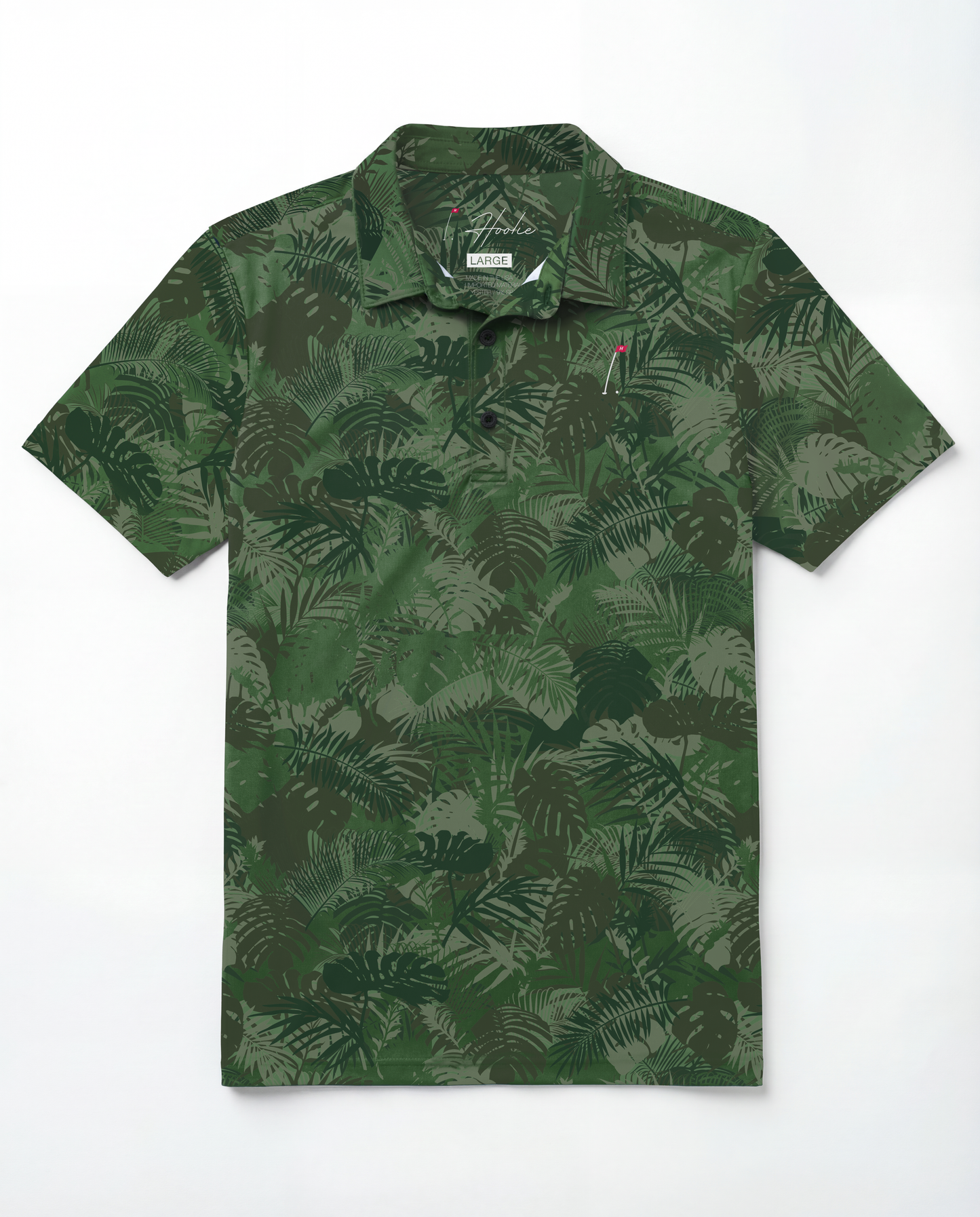 Men's Performance Golf Polo with Various Shades of Green Jungle Palm Fronds
