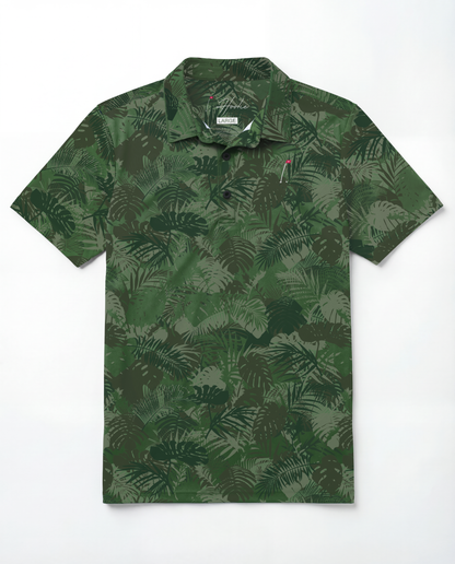 Men's Performance Golf Polo with Various Shades of Green Jungle Palm Fronds