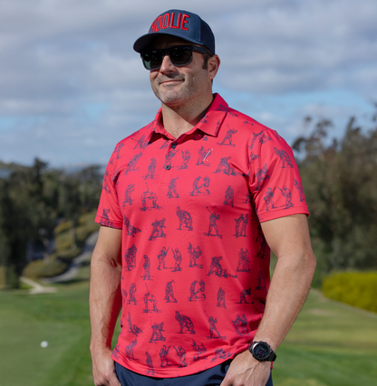 Hand-to-Hand Men's Golf Polo in Red with combat parody design