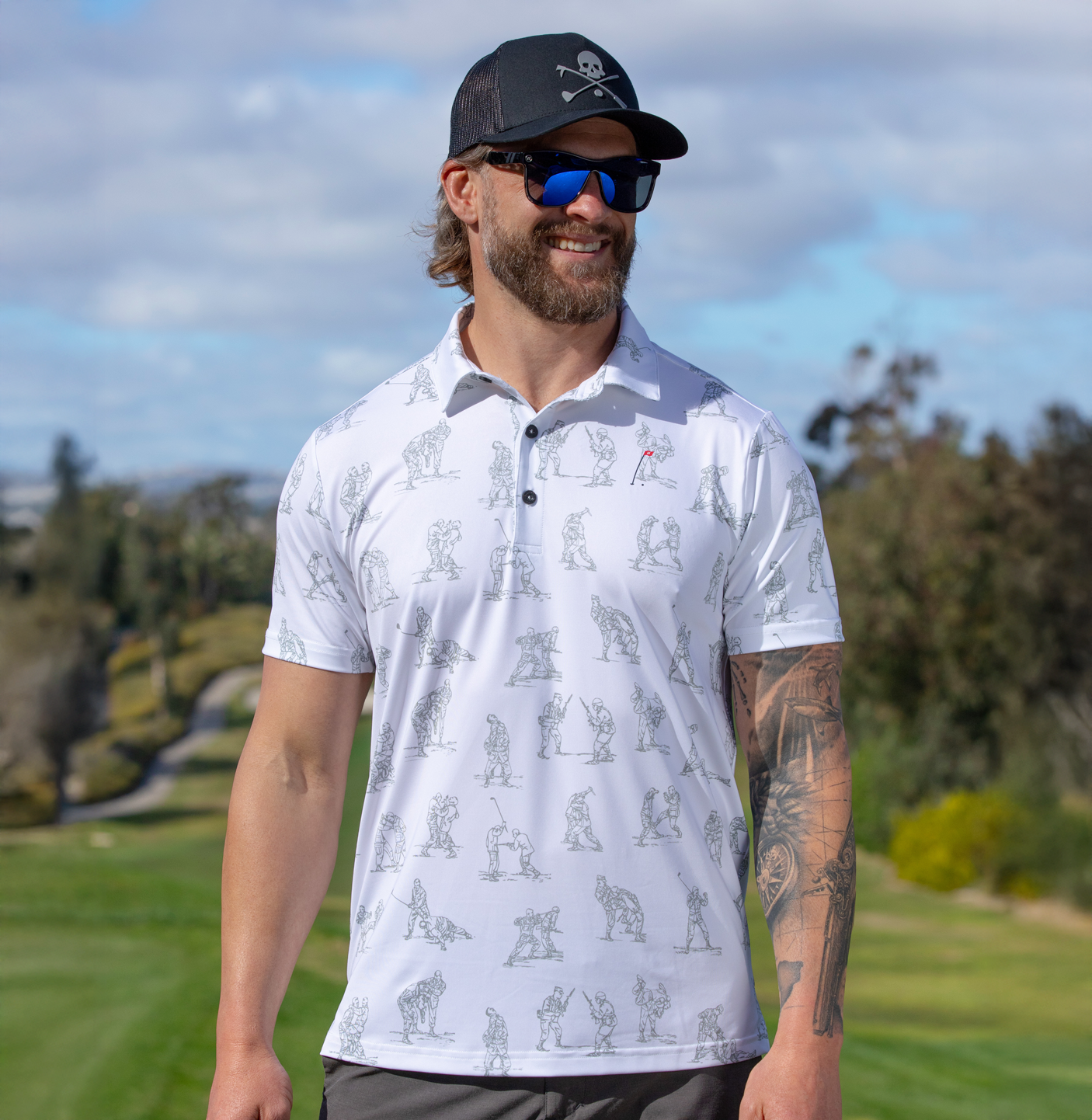 Hand-to-Hand Men's Golf Polo in White with combat parody design