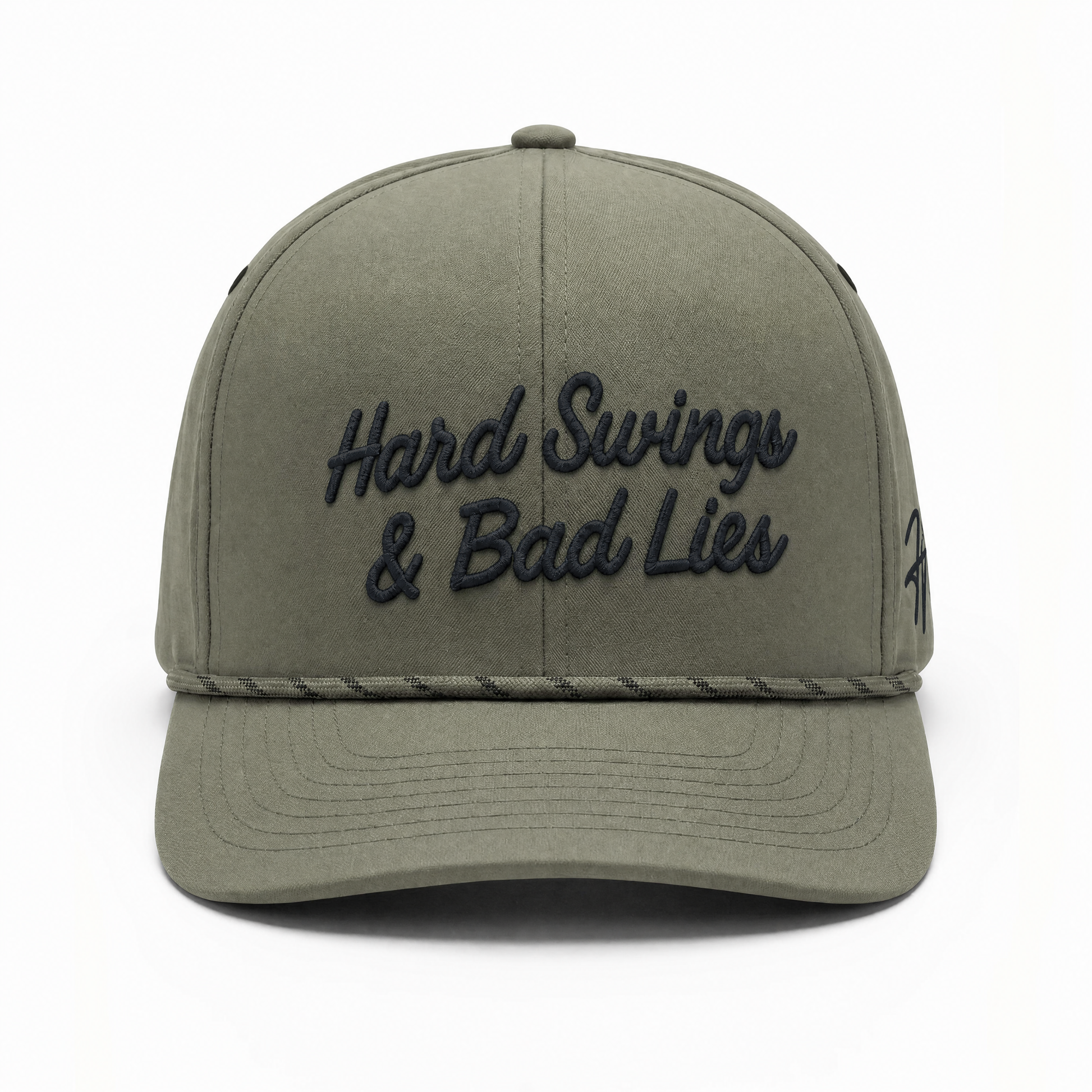 Olive Rope Men's Golf Hat with Hard Swing & Bad Lies embroidered logo on Front and Hoolie logo on the side