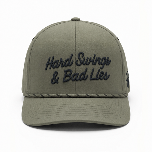 Olive Rope Men's Golf Hat with Hard Swing & Bad Lies embroidered logo on Front and Hoolie logo on the side