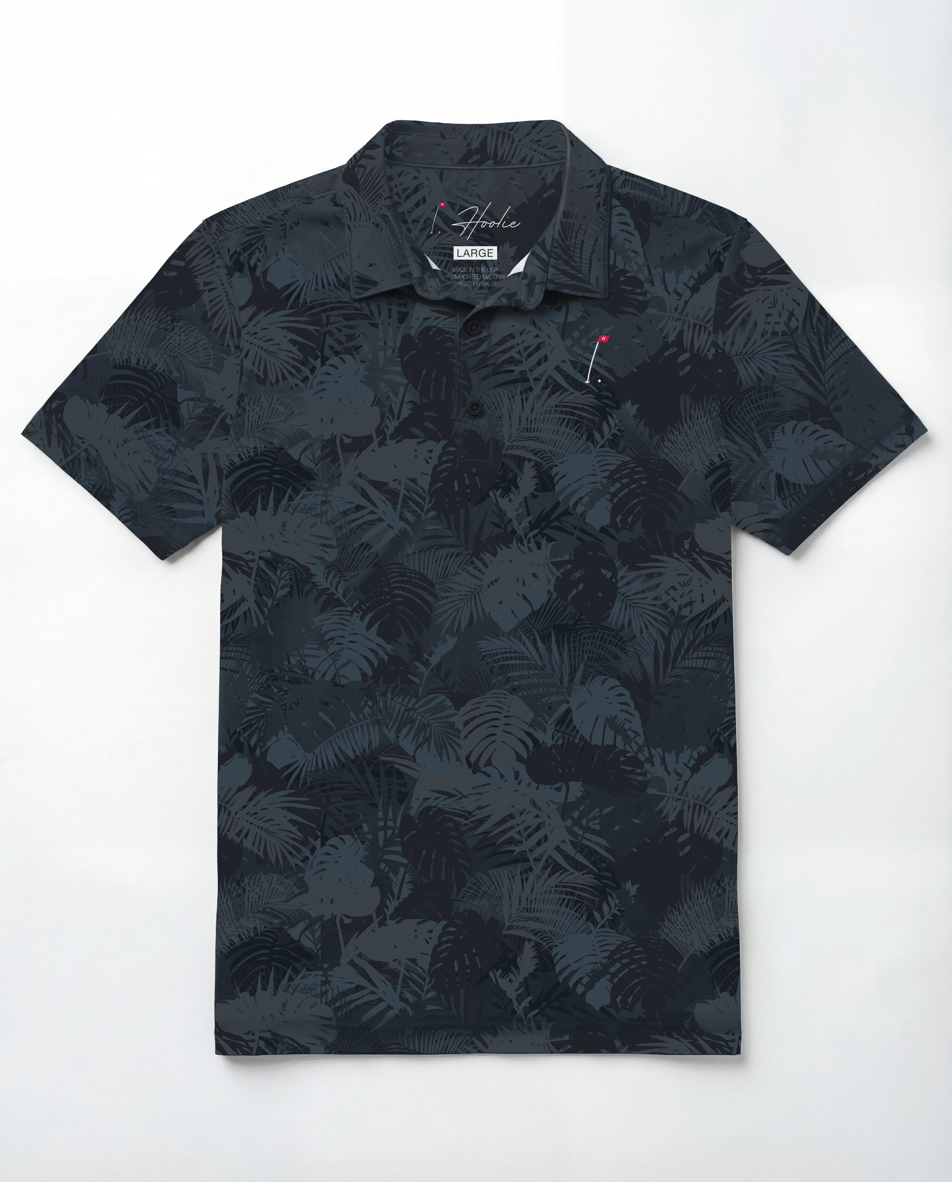 Men's Performance Golf Polo with Various Shades of Blue and Gray Jungle Palm Fronds