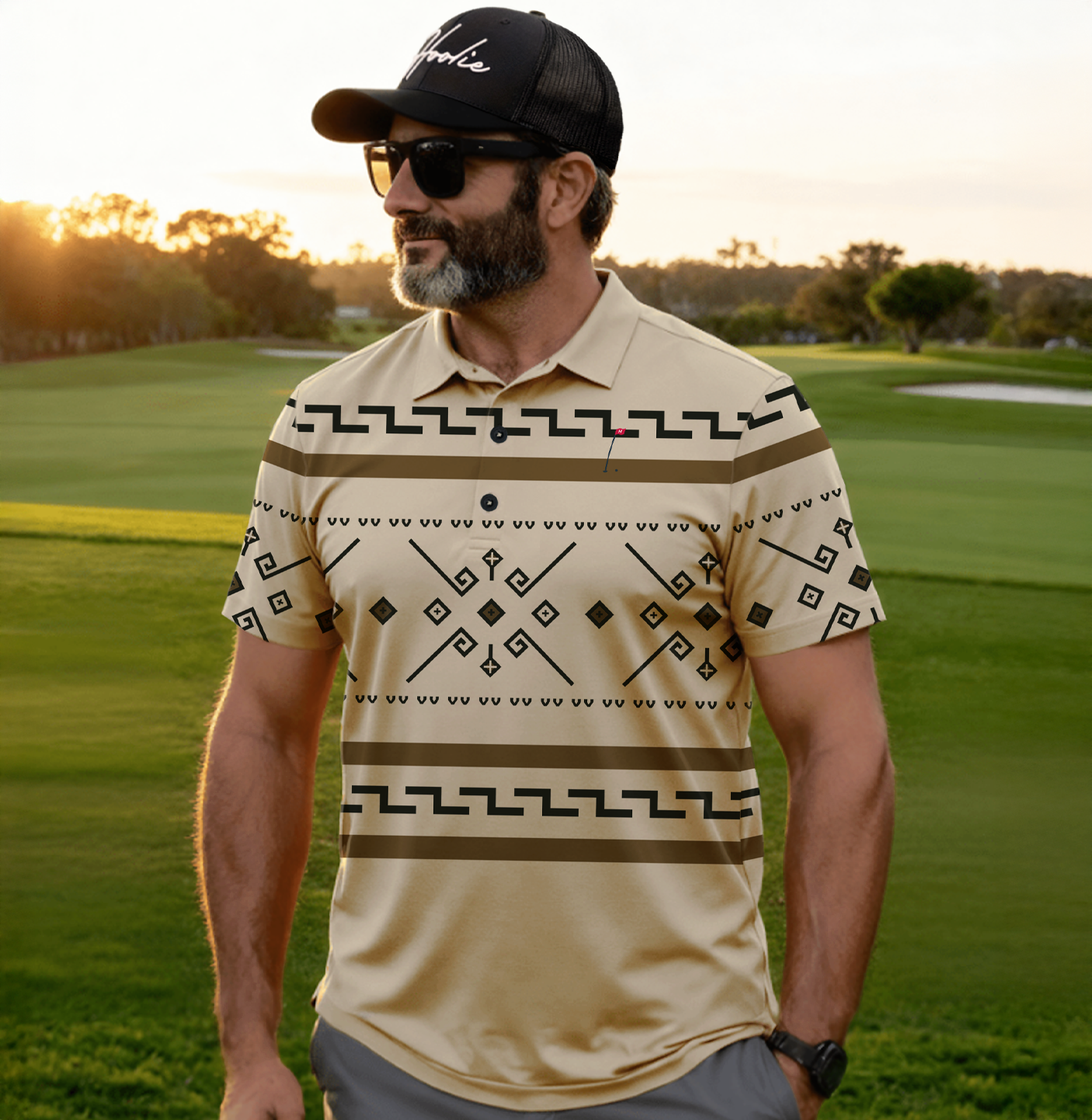 Man wearing a Hoolie Abides Tan Performance Printed Men's Golf Polo with a Black Hat