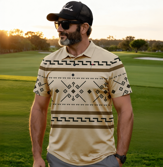 Man wearing a Hoolie Abides Tan Performance Printed Men's Golf Polo with a Black Hat