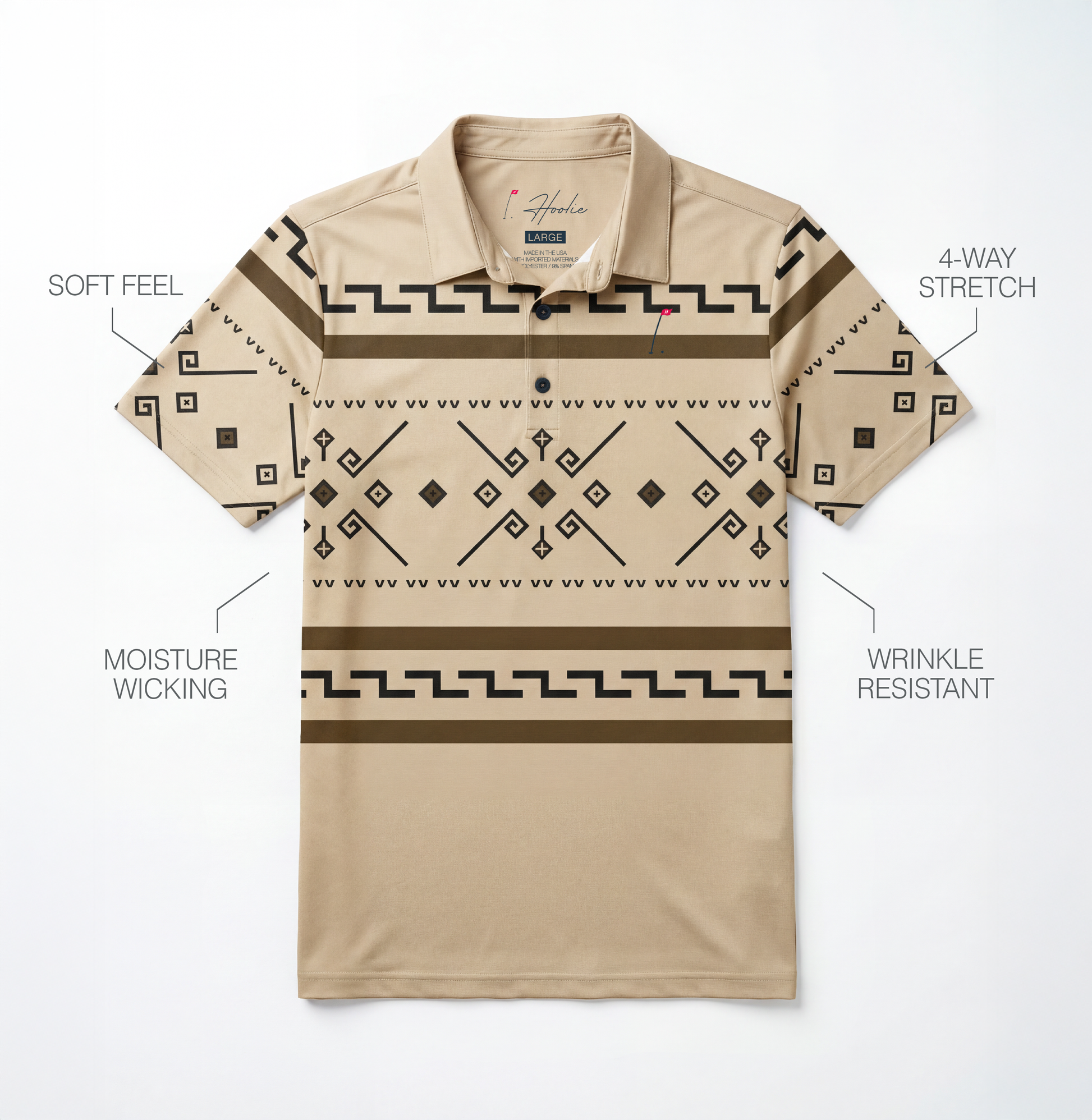 Hoolie Abides Polo laying flat on surface with product descriptions