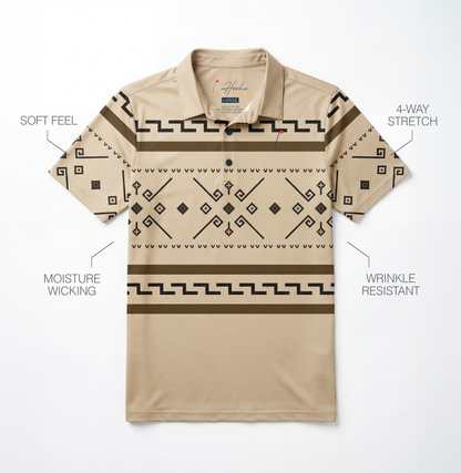 Hoolie Abides Polo laying flat on surface with product descriptions