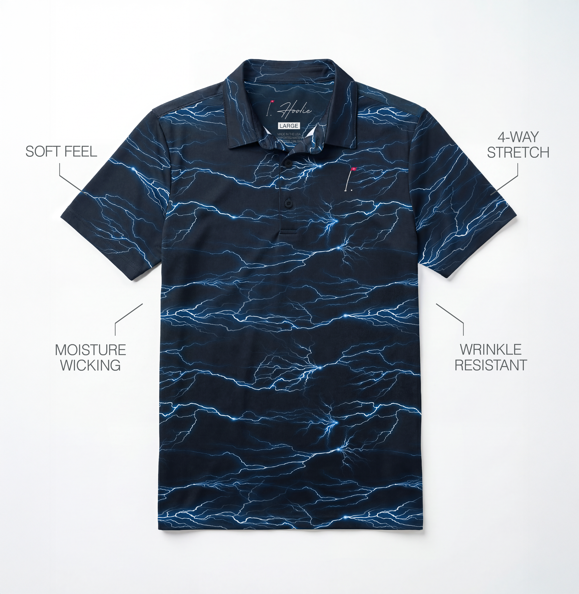 Lightning Rider Men's Golf Polo laying on white surface with performance feature descriptions