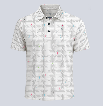 Performance Men's Golf Polo in White featuring maze print and Hoolie Crossbones