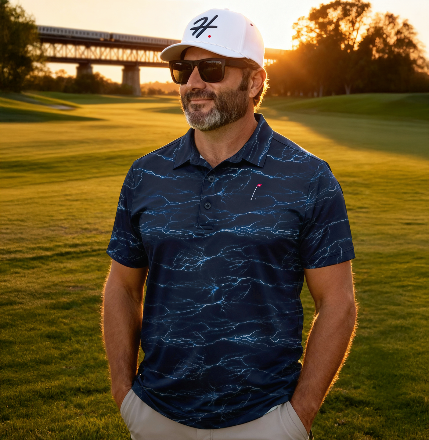 Man wearing Lightning Rider Performance Men's Golf Polo and White Hat on a golf course