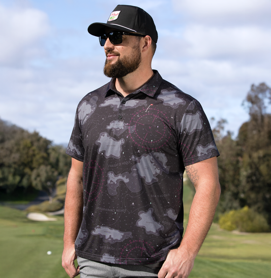 Midnight Nautical Men's Golf Polo with nautical chart design on black and gray base