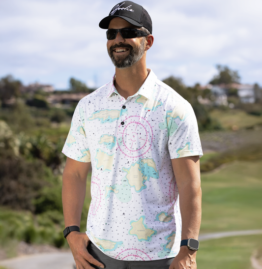 Men's Golf Polo White Nautical by Hoolie with seafaring inspired pattern