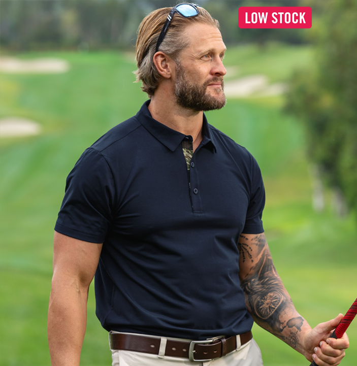 Navy-Blue Classic Men's Classic Golf Polo with tiger stripe camouflage placket