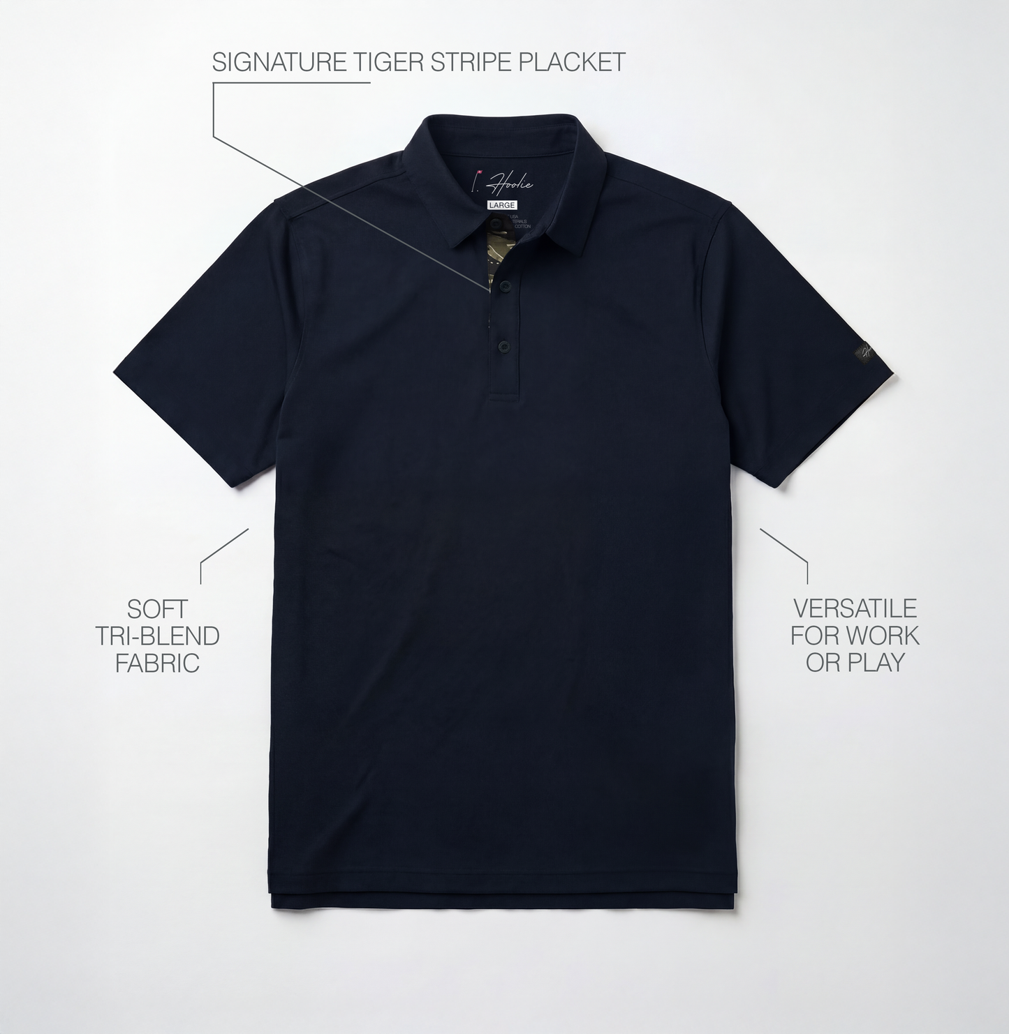 Navy Blue Classic Men's Golf polo with text highlighting features on a light gray background