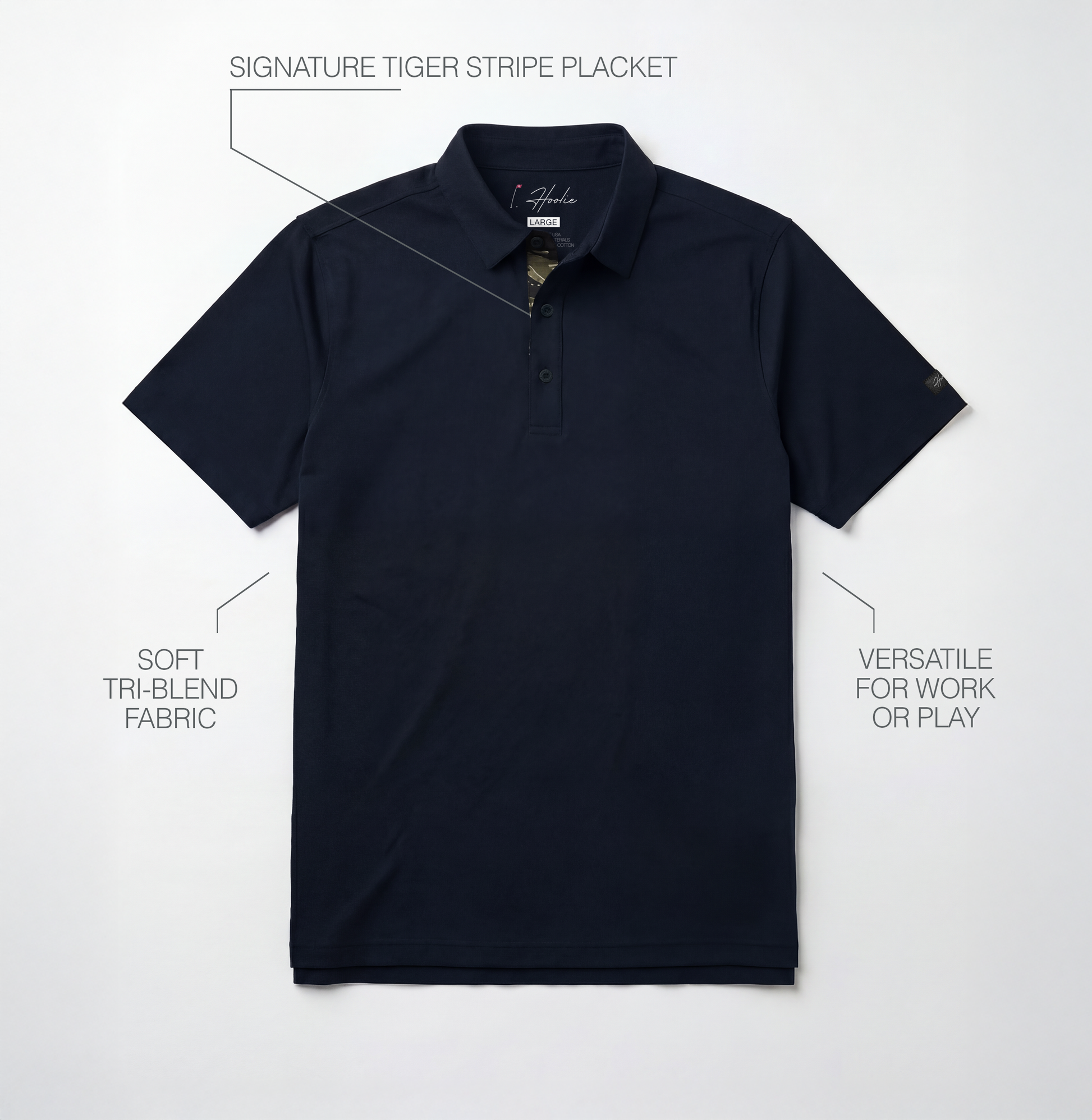 Navy Blue Classic Men's Golf polo with text highlighting features on a light gray background