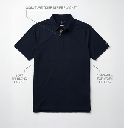 Navy Blue Classic Men's Golf polo with text highlighting features on a light gray background