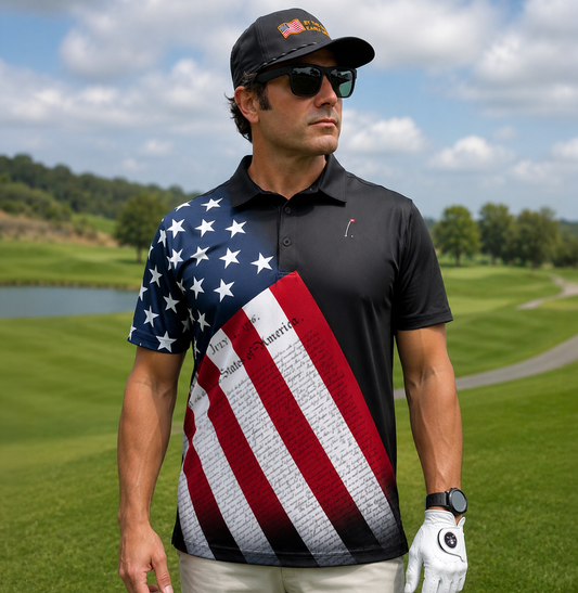 Man on golf course wearing a patriotic Men's Black Golf Polo shirt with American flag design with Declaration of Independence overlay on the polo.