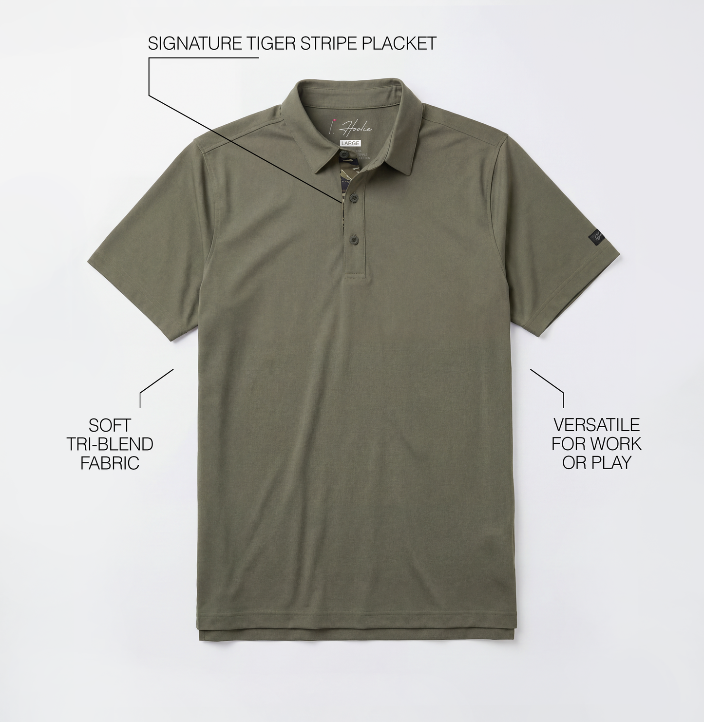 Olive Classic Men's Golf polo with text highlighting features on a light gray background