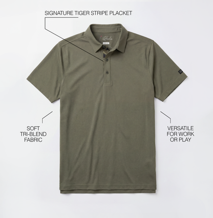 Olive Classic Men's Golf polo with text highlighting features on a light gray background